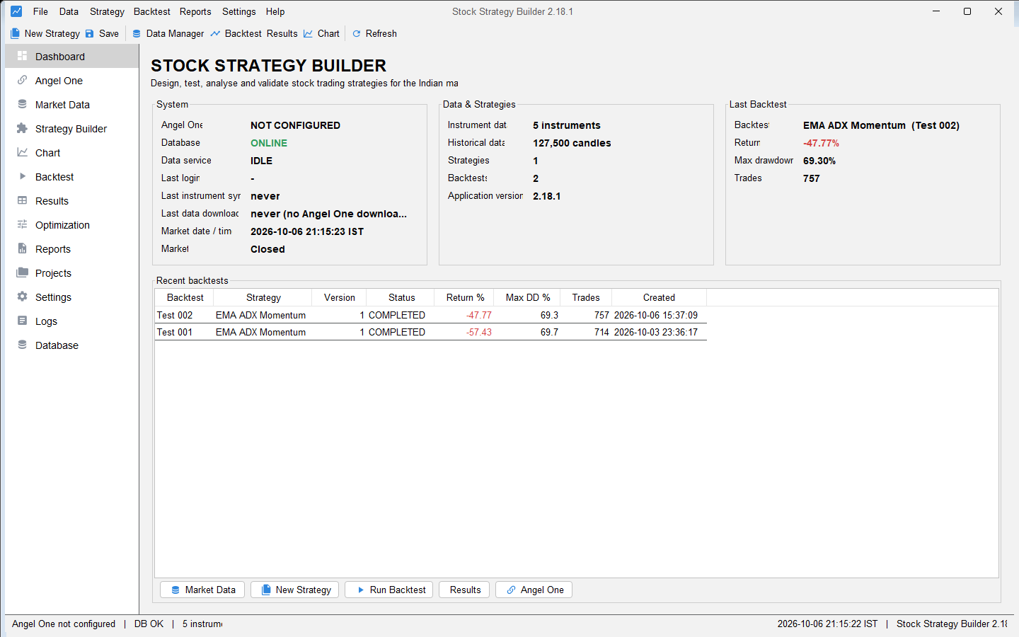 Stock Strategy Builder dashboard screenshot